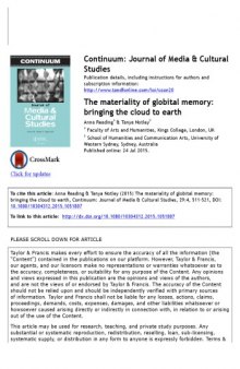 Continuum: Journal of Media & Cultural Studies, 29:4, 511-521 [Article] The materiality of globital memory: bringing the cloud to earth