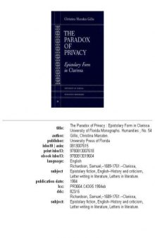 The Paradox of Privacy: Epistolary Form in Clarissa (University of Florida Monographs Humanities)