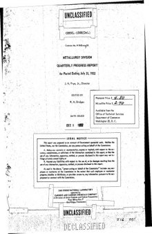 Metallurgy Division - Quarterly Prog Rpt [Jul 31, 1952] [Declassified]